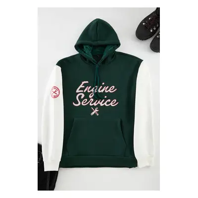 Trendyol Emerald Green Oversize/Wide Cut Embroidered Color Block Hooded Fleece Sweatshirt