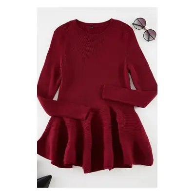 Trendyol Curve Claret Red Ribbed Hem Flounced Knitwear Blouse