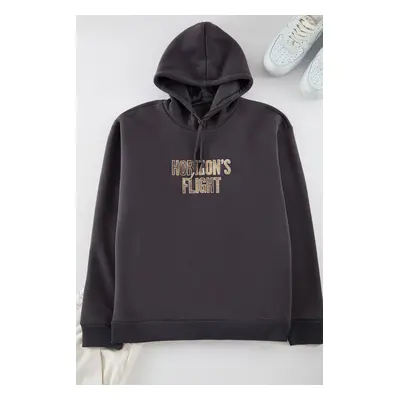 Trendyol Anthracite Oversize/Wide Cut Hooded Embroidered Fleece Sweatshirt