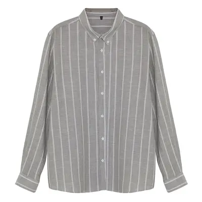 Trendyol Khaki Regular Fit Comfortable Buttoned Collar Striped Plus Size Shirt