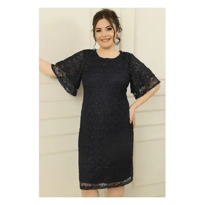 By Saygı Plus Size Silvery Lace Dress with Short Flounce Sleeves