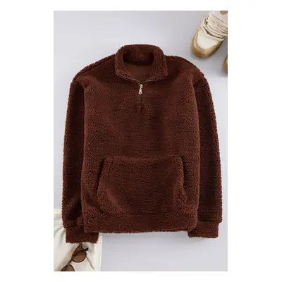 Trendyol Dark Brown Oversize/Wide Cut Zipper Plush Sweatshirt