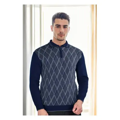 29477 Dewberry Zippered Polo Collar Mens Sweater-NAVY