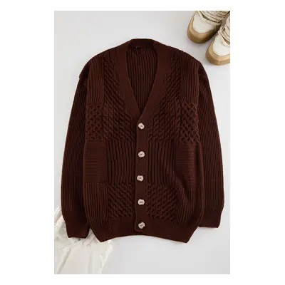 Trendyol Limited Edition Brown FL Men's Regular V Neck Hair Knit Sweater Cardigan