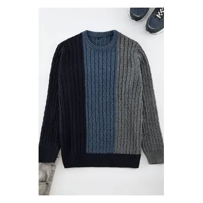 Trendyol Indigo Men's Crew Neck Knitted Panel Color Block Knitwear Sweater