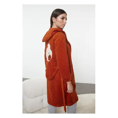 Trendyol Cinnamon Belted Wellsoft Back Bear Embroidery Detailed Winter Knitted Dressing Gown