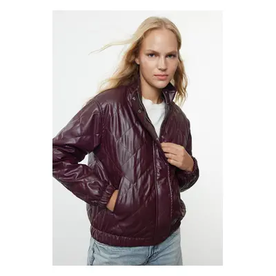 Trendyol Claret Red Oversize Molded Faux Leather Quilted Coat