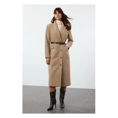 Trendyol Mink Regular Belted Stitch Detailed Soft Textured Long Coat