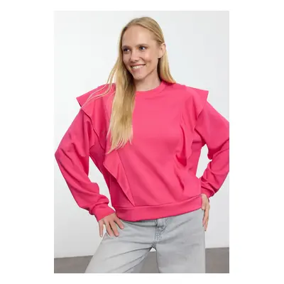 Trendyol Fuchsia Ruffle Detailed Relaxed/Comfortable Fit Knitted Sweatshirt