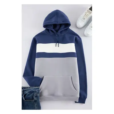 Trendyol Navy Blue Regular/Normal Cut Color Block Fleece Inside Hooded Sweatshirt