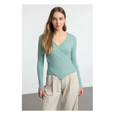 Trendyol Mint Fitted Double Breasted Neck Long Sleeve Ribbed Stretchy Knitted Blouse