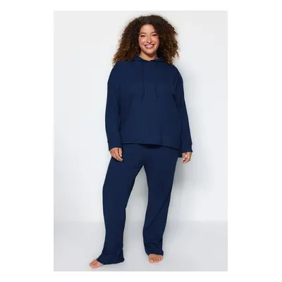 Trendyol Curve Navy Blue Hooded Relaxed Camisole Plus Size Tracksuit