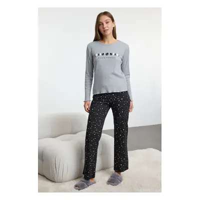 Trendyol Gray-Multicolored Galaxy Patterned Ribbed Knitted Pajama Set