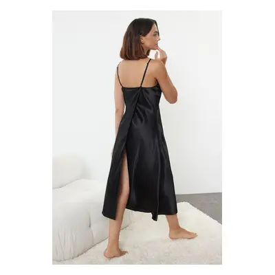 Trendyol Black Back Slit Detailed Stoned Rope Strap Satin Woven Nightgown