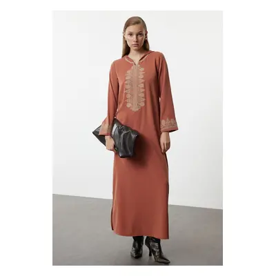 Trendyol Cinnamon Hooded and Embroidered Detail Woven Kimono & Kaftan & Jalabia