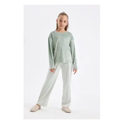 DEFACTO Girls Pajama Set Fleece Long Sleeve Top Elastic Waist Long Bottom