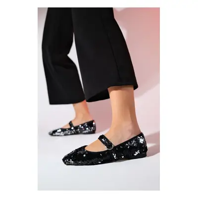 LuviShoes VESLA Black Sequined Flat Women's Flat Shoes