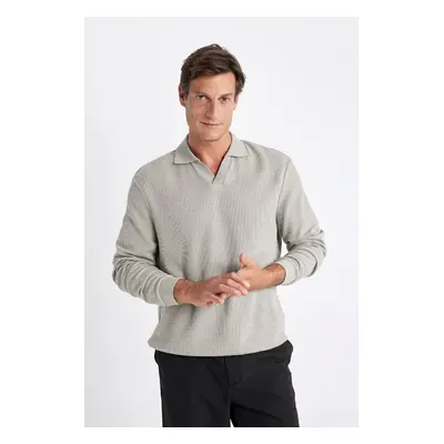 DEFACTO Light Khaki Regular Fit Polo Neck Jacquard Knitwear Sweatshirt