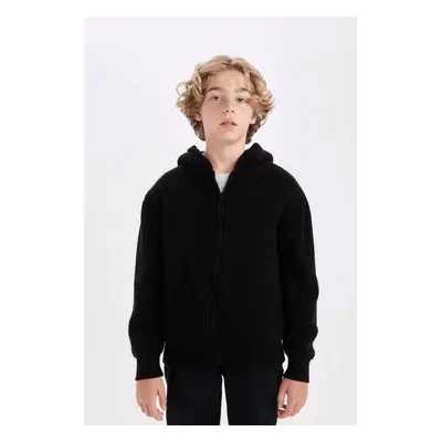 DEFACTO Boy Basic Knitwear Polar Fleece Lined Hooded Zippered Black School Cardigan