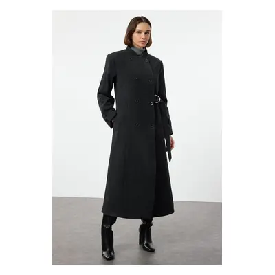 Trendyol Anthracite Belted Double Breasted Regular Wool Long Overcoat Form Lined Coat