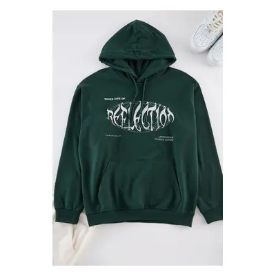 Trendyol Green Oversize/Wide Cut Front Embroidered Printed Inside Polar Fleece Hooded Sweatshirt