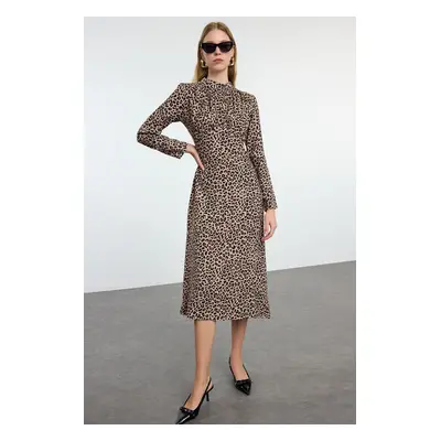 Trendyol Brown Animal Pattern Collar Drape Detailed A-Line Midi Woven Dress