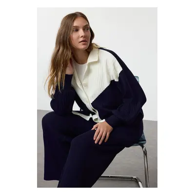 Trendyol Navy Blue Color Block Ribbed Cardigan-Pants Knitwear Top-Top Set