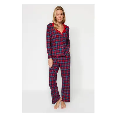 Trendyol Premium Red 100% Cotton Plaid Shirt-Pants Knitted Pajama Set