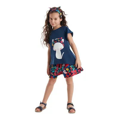 Denokids Floral Cat Girl's Navy Blue Summer T-shirt Poplin Shorts Set