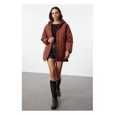 Trendyol Dark Brown Oversize Pattern Hooded Water Repellent Quilted Coat