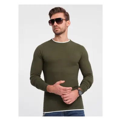 Ombre Men's cotton sweater with round neckline - dark olive