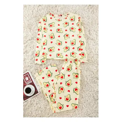 Trendyol Green-Multicolored 100% Cotton Avocado and Heart Patterned Knitted Pajama Set