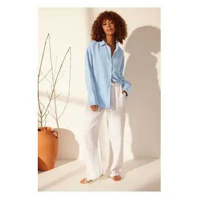 Trendyol Blue 100% Linen Oversize Shirt