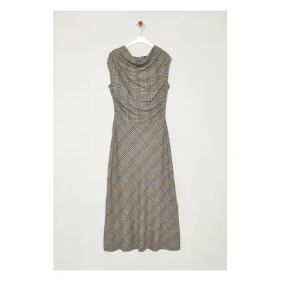 Trendyol Gray Plaid / Checkered A-Line Degaje Collar Flannel Fabric Midi Winter Woven Dress