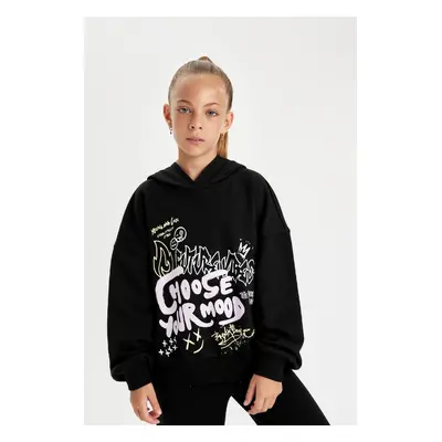 DEFACTO Girl Black Oversize Wide Pattern Hooded Text Printed Sweatshirt