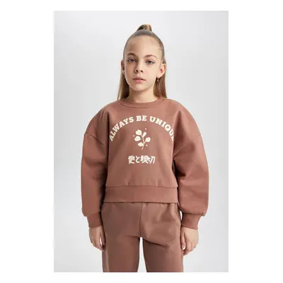 DEFACTO Girl's Relax Fit Crew Neck Printed Thick Sweatshirt