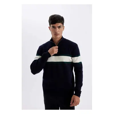 DEFACTO Navy Blue Standard Fit Regular Cut Stand Collar Zippered Striped Knitwear Sweater Y4193a