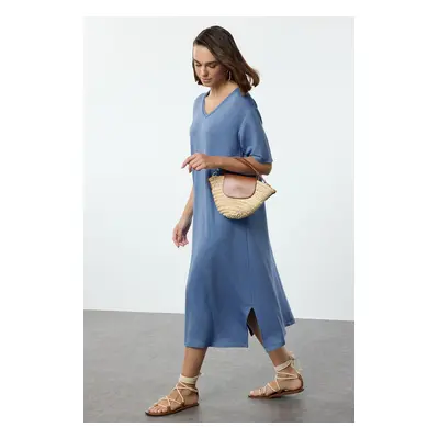 Trendyol Blue Plain Maxi V Neck Relaxed/Comfortable Cut Flexible Maxi Knit Dress