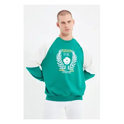 Trendyol Emerald Green Oversize/Wide Cut Sleeve Panel Printed Sweatshirt