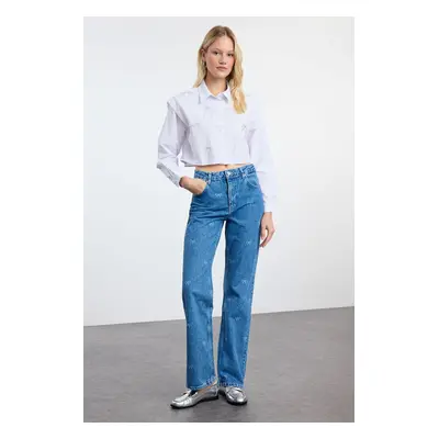 Trendyol Blue Bow/Ribbon Detailed High Waist Wide Leg Jeans