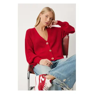 Happiness İstanbul Women's Red V-Neck Buttoned Knitwear Cardigan