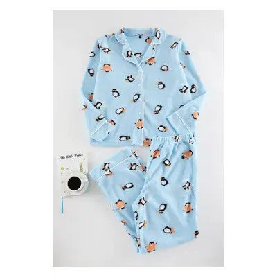 Trendyol Curve Blue Penguin Patterned Shirt Collar Knitted Pajama Set