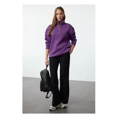 Trendyol Purple Oversize/Wide Pattern Zippered Collar Thick Polar Fleece Knitted Sweatshirt