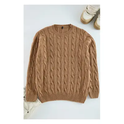 Trendyol Camel Unisex Couple/Double Crew Neck Hair Knitted Sweater