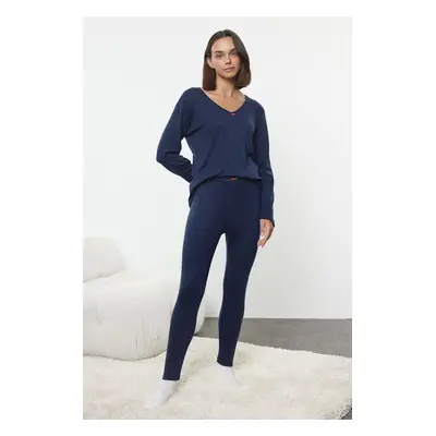 Trendyol Navy Blue Rose Accessory Ribbed Knitted Pajama Set