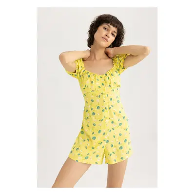 DEFACTO Heart Neck Patterned Short Sleeve Mini Jumpsuit