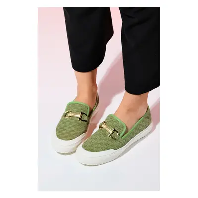 LuviShoes MARRAKESH Green Denim Buckled Women's Loafer Shoes