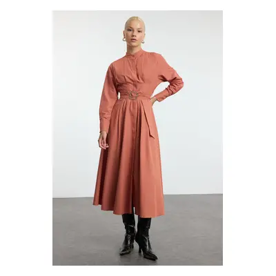 Trendyol Cinnamon Belt Pleat Detailed Woven Dress