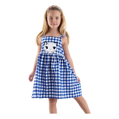 Denokids Navy Blue Star Cat Girl's Plaid Summer Strap Dress