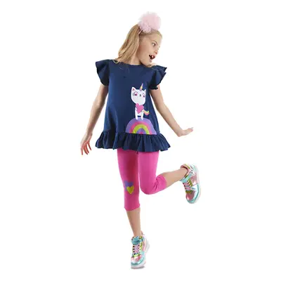 Denokids Navy Blue Pink Unicorn Cat Frilly Girl's Summer T-shirt Tights Set